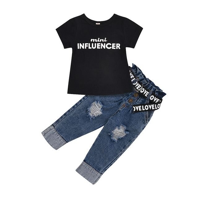 Girls Short Sleeve T-Shirt And Ripped Jeans With Belt Set