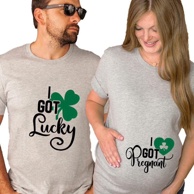 Valentine Day Pregnant Women Fashion Four-Leaf Clover Letter Print Round Neck Short Sleeve Couple T-Shirt