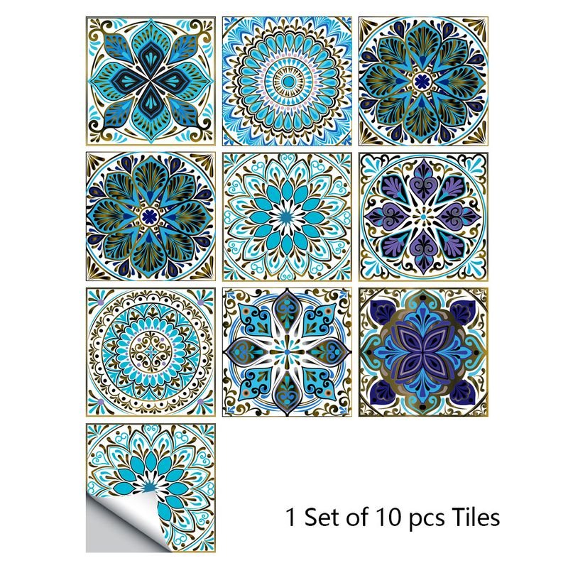 10 Pieces Ethnic Mandala Simulation Tile Stickers Home Renovation Kitchen And Bathroom Decoration Self-Adhesive Wall Stickers