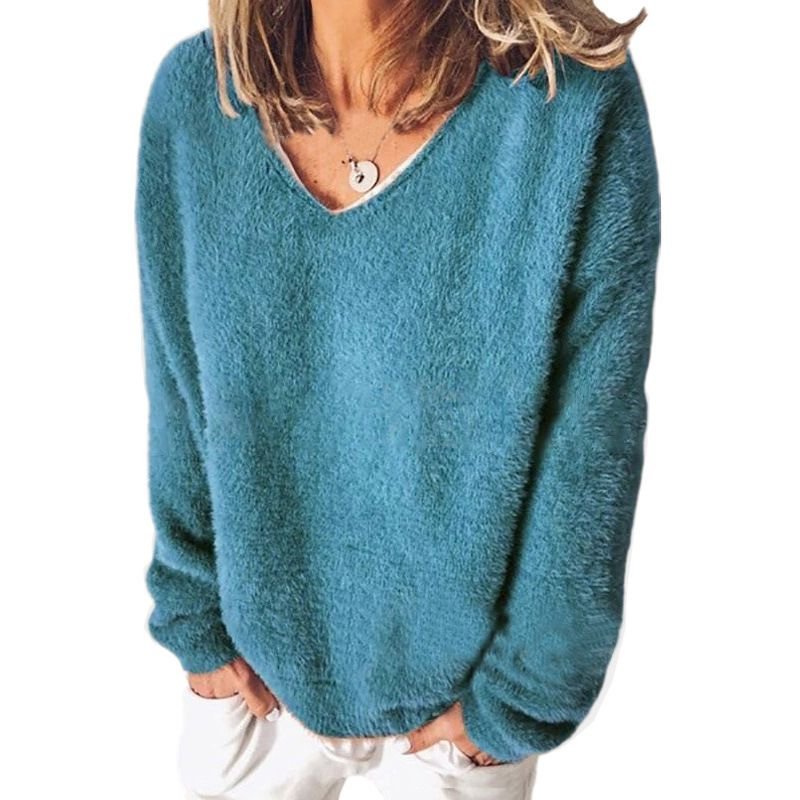 Autumn Winter Women Fashion V-Neck Long Sleeve Solid Color Sweater