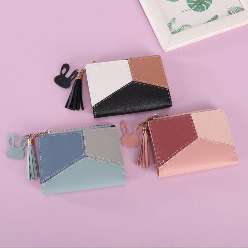 Women Fashion Casual Chic Color Matching PU Zipper Two-Fold Wallets