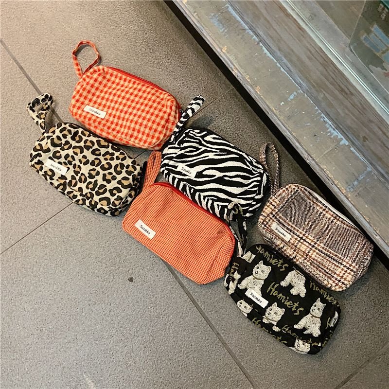 Check Color Contrast Large Capacity Cosmetic Bag Leopard Print Storage Bag