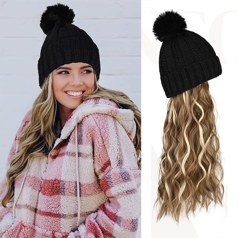Women Fashion Long Curly Knitted Hat Wig