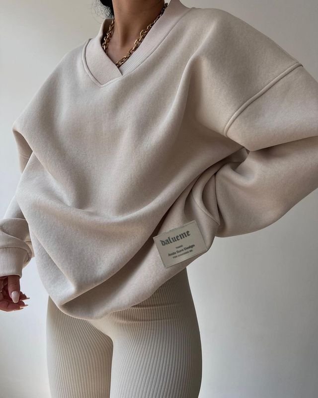 Autumn Winter Women Fashion Solid Color Loose V-Neck Long Sleeve Sweatshirt