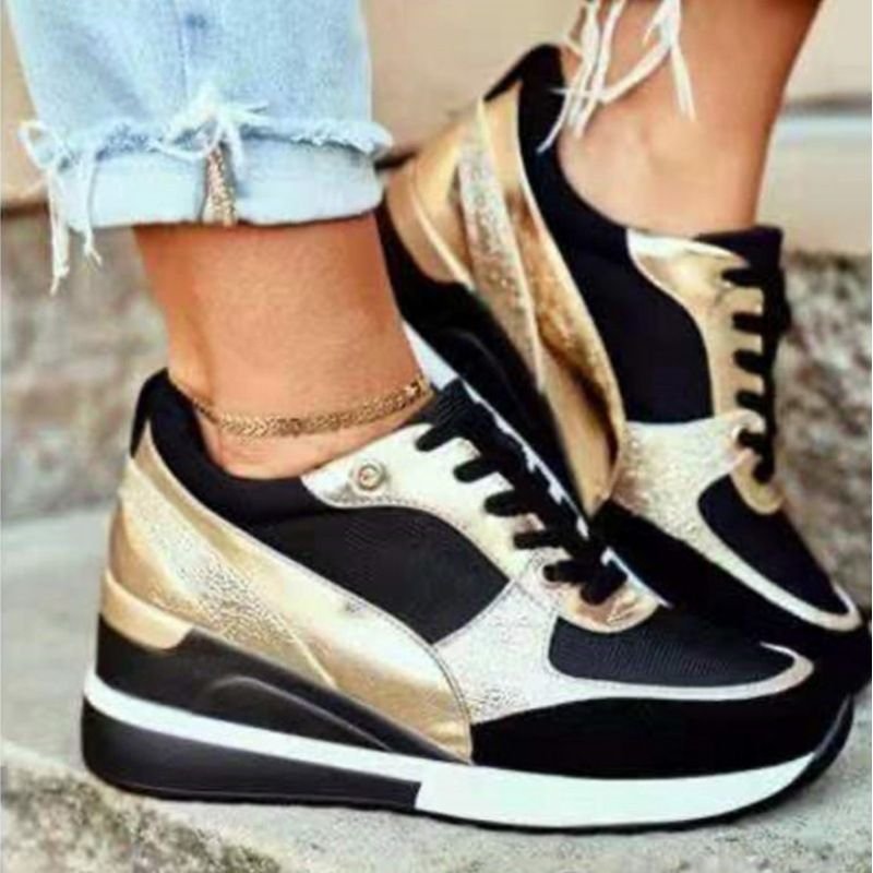 Women Casual Plus Size Colorblock Round Toe Lace-Up Wedge Heel Sneaker