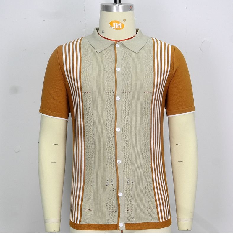 Men Fashion Casual Color Matching Stripe Cardigan Knitted Short Sleeve Lapel Shirt