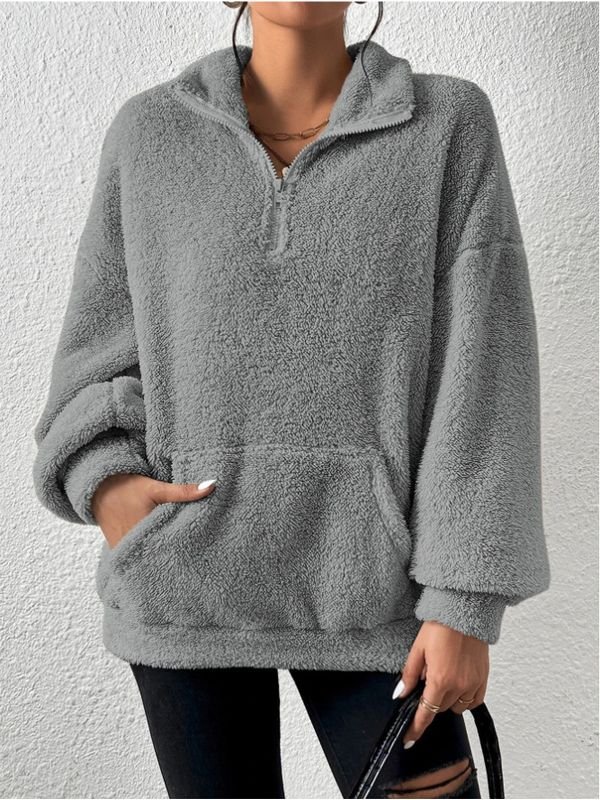 Autumn And Winter Women Casual Solid Color Plush Stand Collar Long Sleeve Sweatshirt