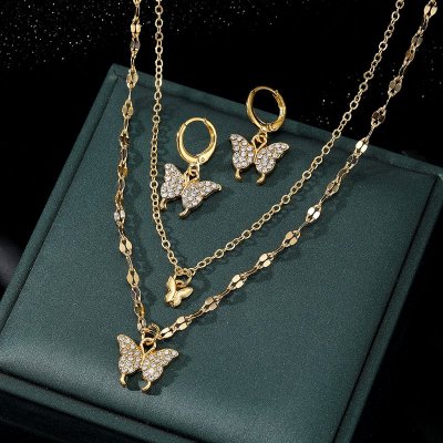 Women Fashion Butterfly Rhinestone Pendant Earrings Necklace Jewelry Set