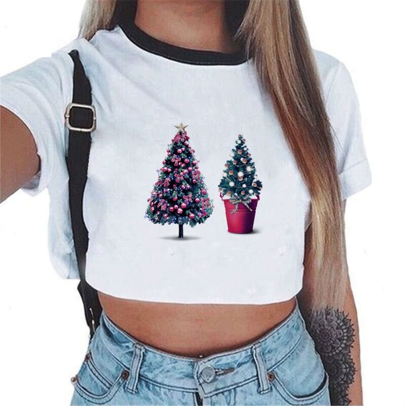 Women Fashion Christmas Tree Santa Print Round Neck Short Sleeve Crop T-Shirt