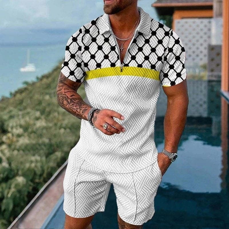 Men Casual Sports 3D Print Plus Size Short Sleeve Lapel Polo Shirt Shorts Set