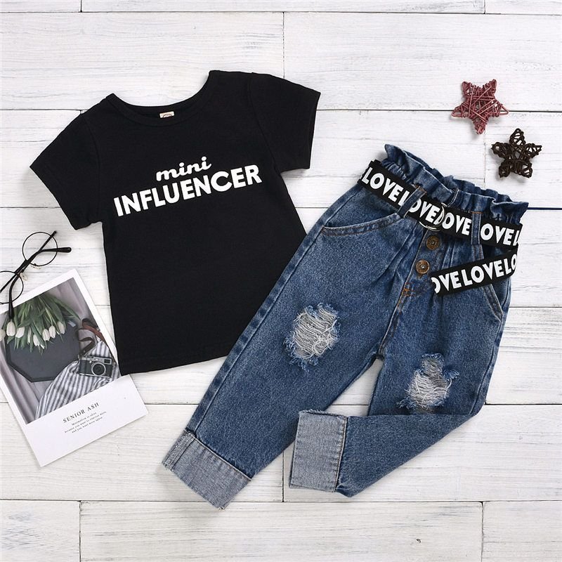 Girls Short Sleeve T-Shirt And Ripped Jeans With Belt Set