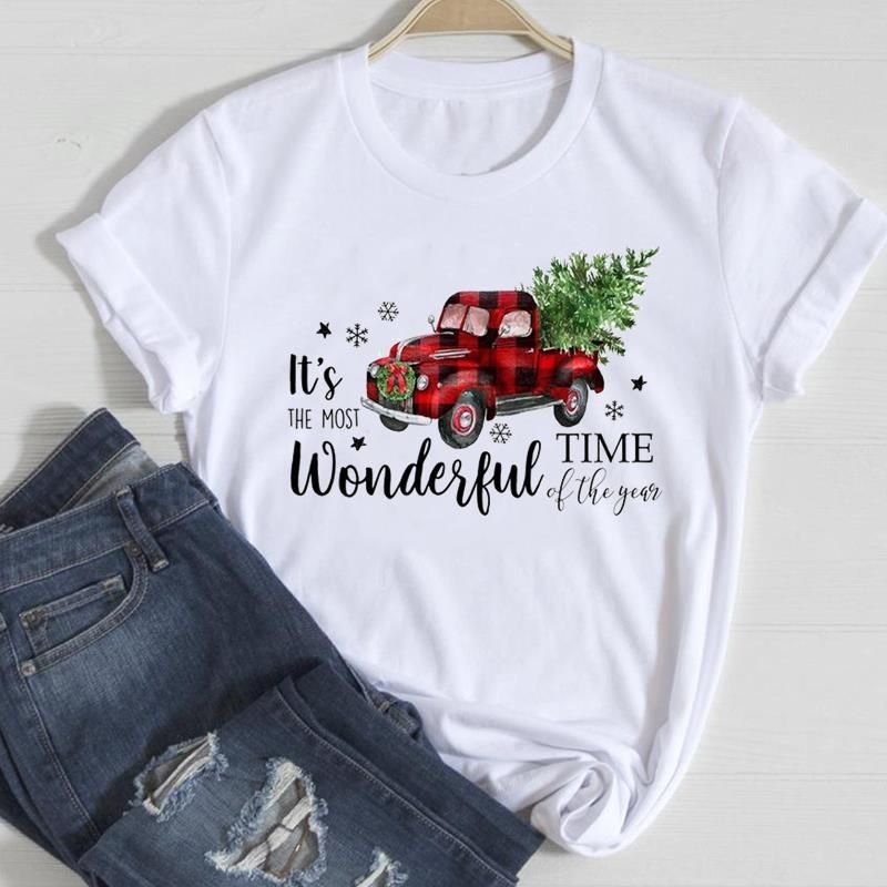 Women Fashion Cartoon Christmas Tree Letter Elk Print Round Neck Short Sleeve T-Shirt