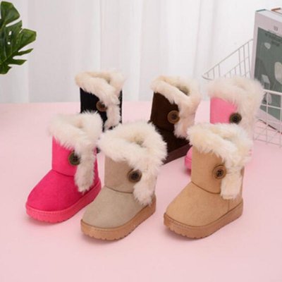 Kids Solid Color Button Design Winter Plush Snow Boots