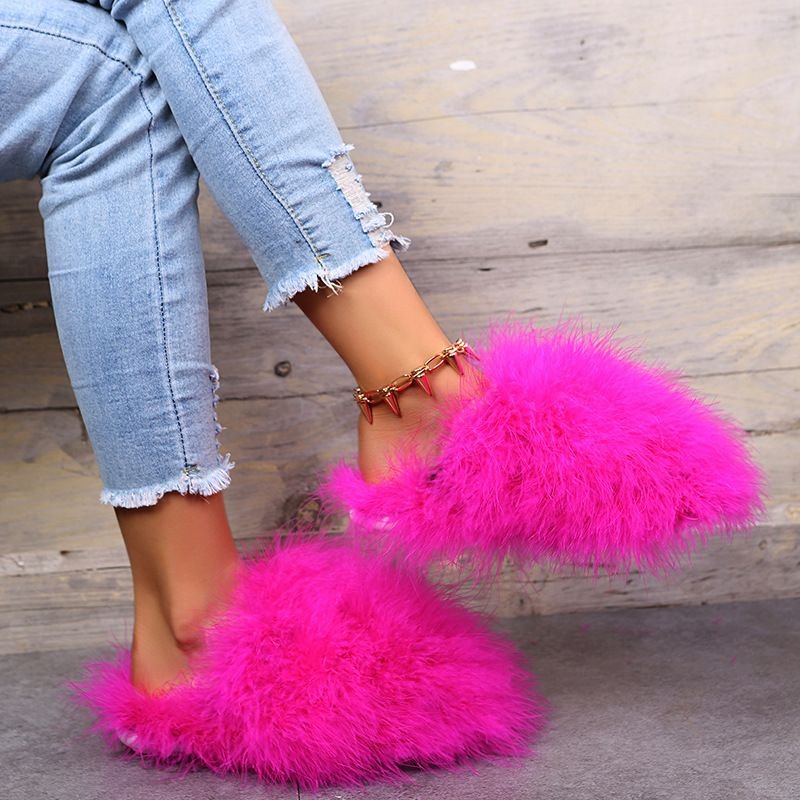 Autumn Winter Women Fashionable Solid Color Plush Flat Large Size Home Slippers