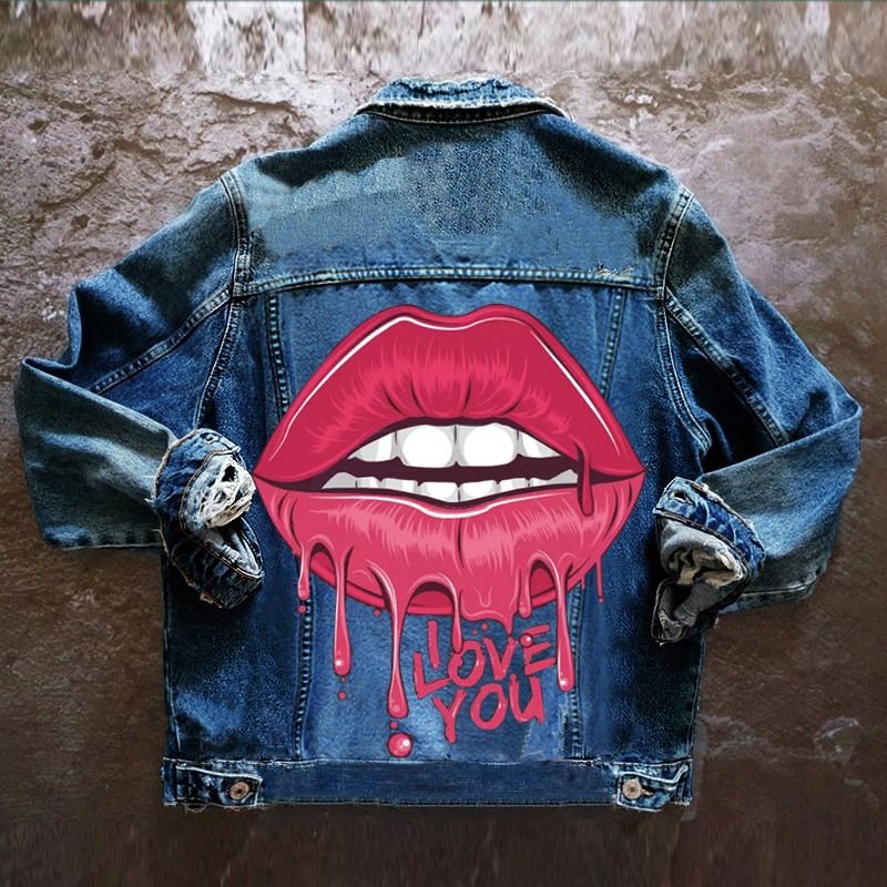 Women Casual Long Sleeves Graphic Printed Single-breasted Denim Jacket