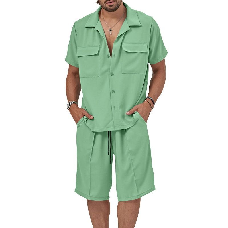 Summer Casual Men Lapel Short Sleeve Shirt Shorts Two-Piece Set