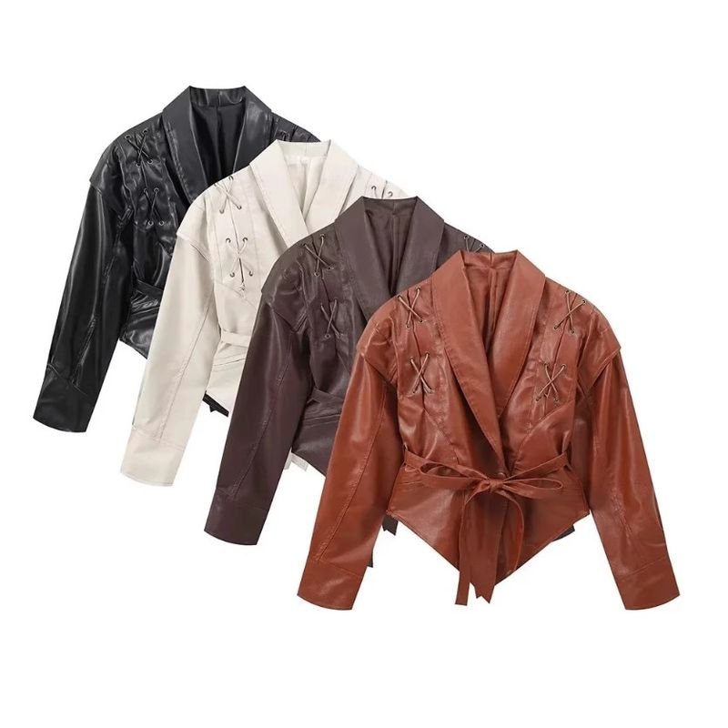 Women Vintage Faux Leather Lapel Long Sleeve Lace-Up Coat