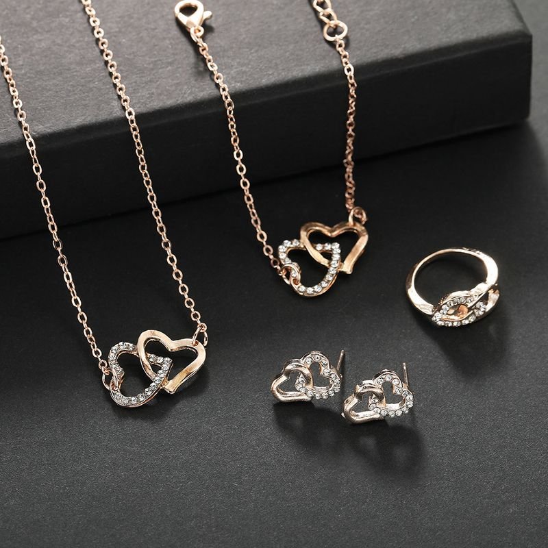 Women Simple Hollow Double Heart-Shaped Rhinestone Necklace Earrings Ring Bracelet Four-Piece Set