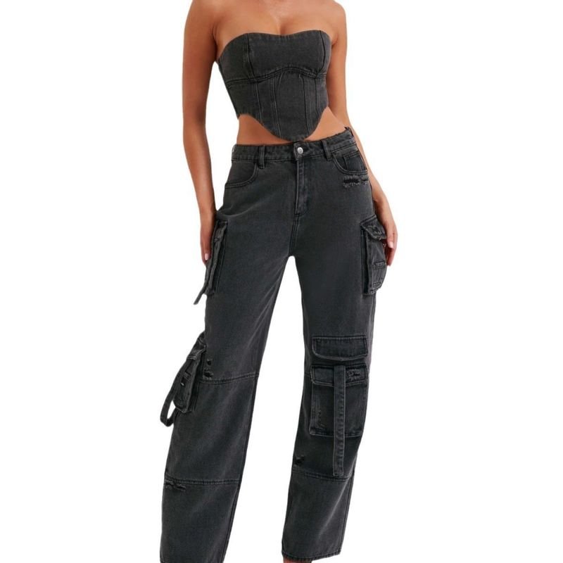 Women Fashion Sexy Low Waist Stereo Pocket Stitching Cargo Jeans