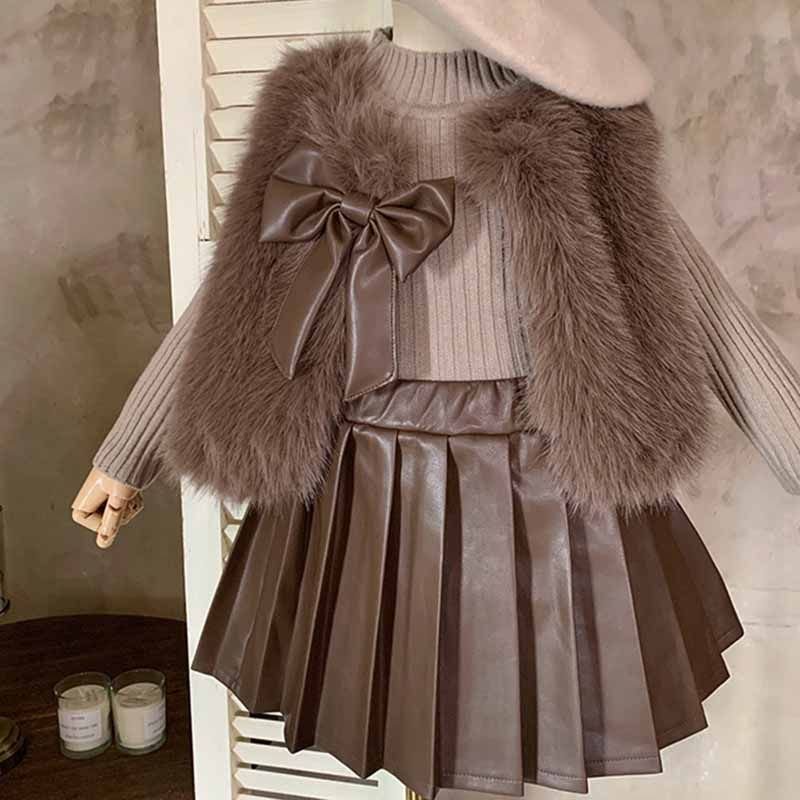 Kids Toddler Girls Autumn Winter Fashion Casual Bow Plush Vest Long Sleeve Top Tennis Skirt Three-Piece Set