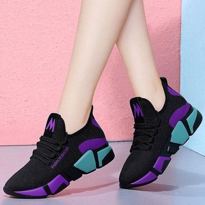 Women Fashion Casual Lace-Up Design Mesh Breathable Color Blocking Platform Running Sneakers