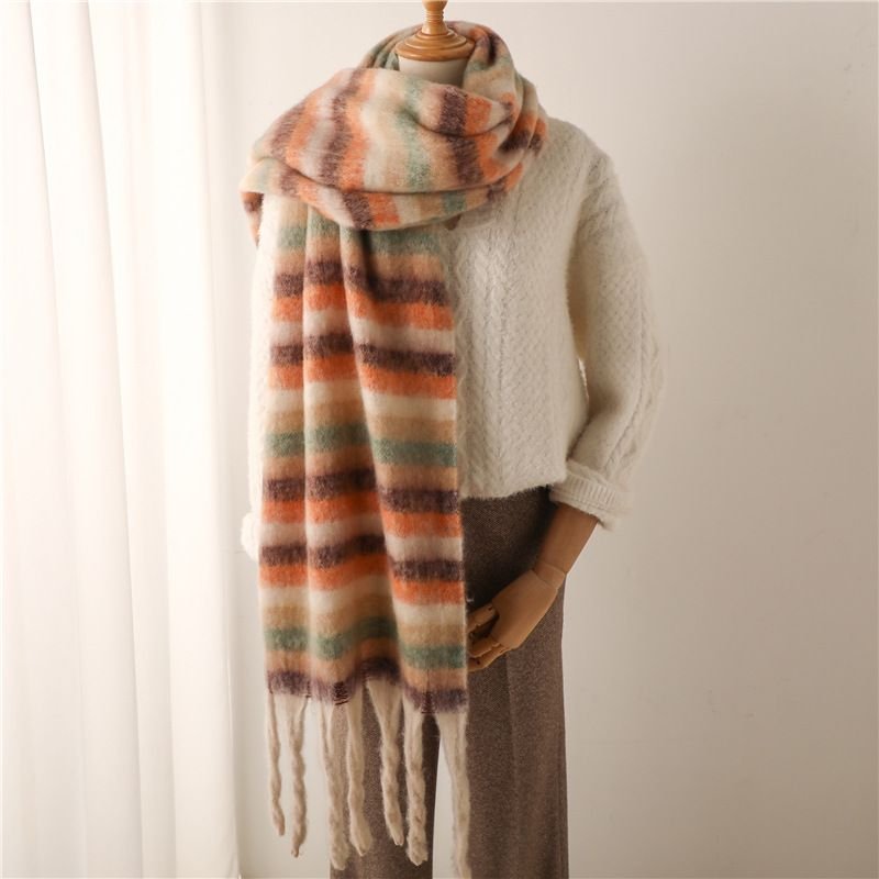 Autumn Winter Women Fashion Stripe Cashmere Warm Thickened Tassel Scarf