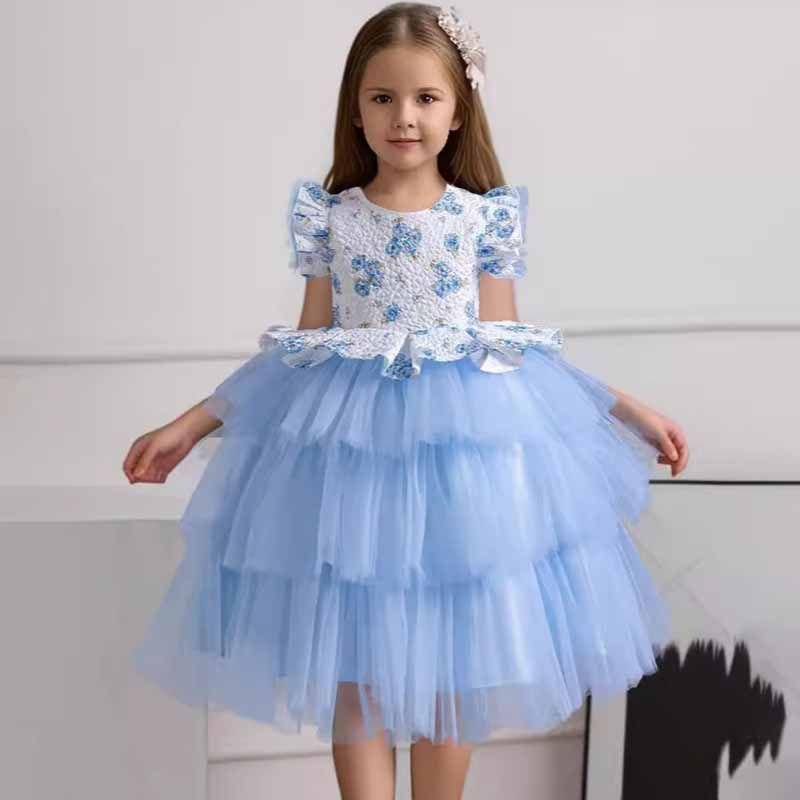 Kids Toddler Girls Fashion Flower Mesh Short Sleeved Party Tutu Dress