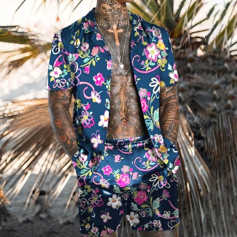 Men Casual Holiday Hawaii Tiny Flower Print Plus Size Short Sleeve Lapel Shirt Shorts Set