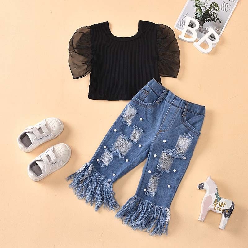 Girls Black Mesh Tops And Imitation Pearls Decor Ripped Jeans