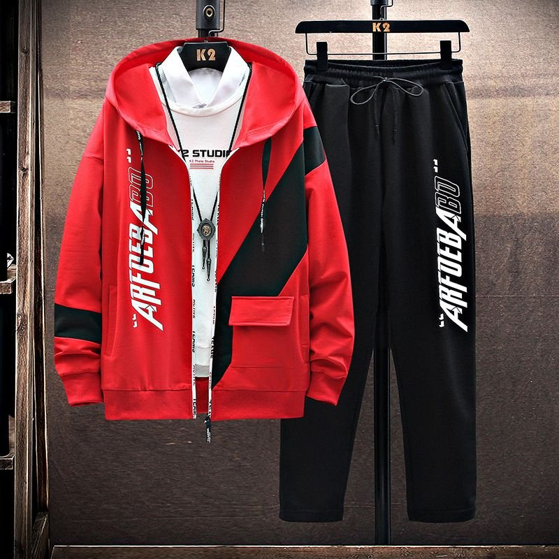 Men Fashion Casual Sports Letters Print Long Sleeve Hooded Coat Trousers Set