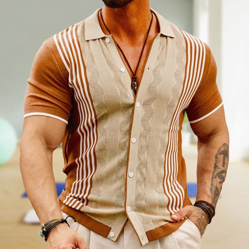 Men Fashion Casual Color Matching Stripe Cardigan Knitted Short Sleeve Lapel Shirt