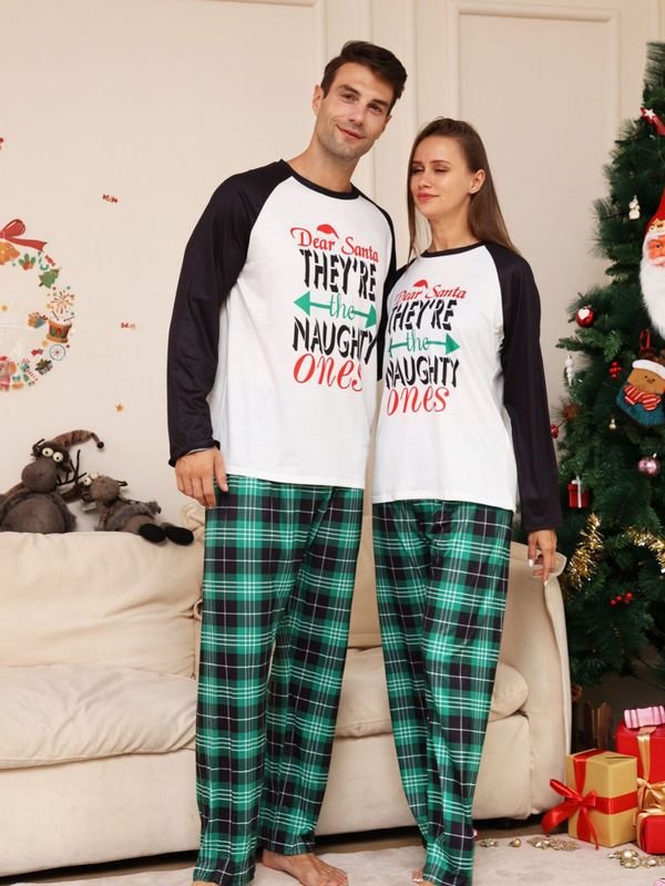 Cartoon Fashion Plaid Letter Printing Round Neck Long Sleeve Parent-Child Home Christmas Pajamas Set