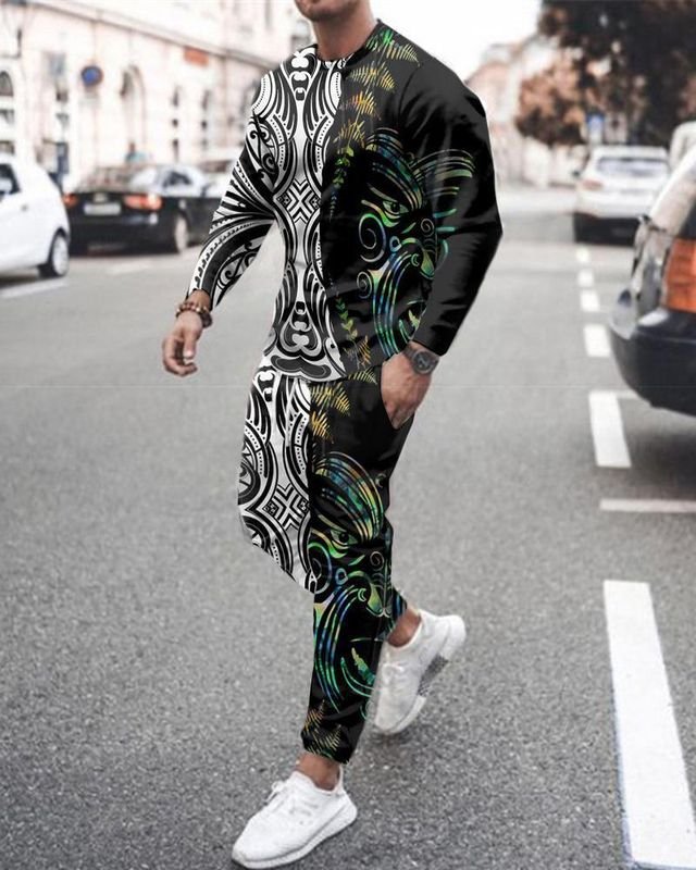 Men'S Fashion Print Loose Round Neck Long Sleeves Sweatshirt And Trousers Two-Piece Set