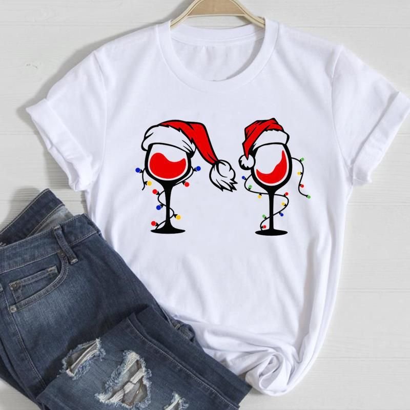 Women Fashion Cartoon Christmas Tree Letter Elk Print Round Neck Short Sleeve T-Shirt