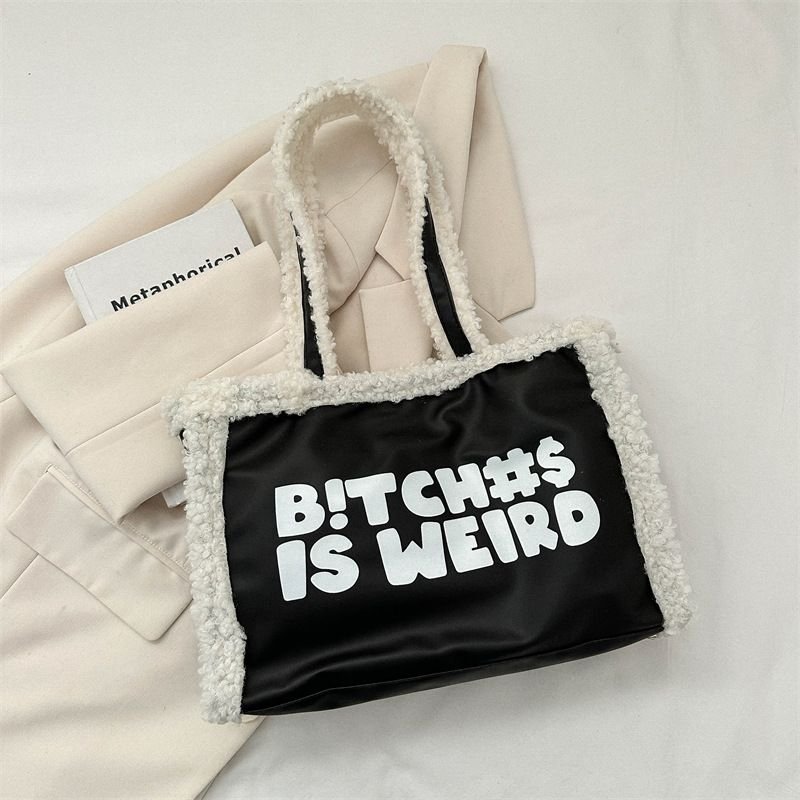 Fashionable Plush Letter Print Large Capacity Tote Bag