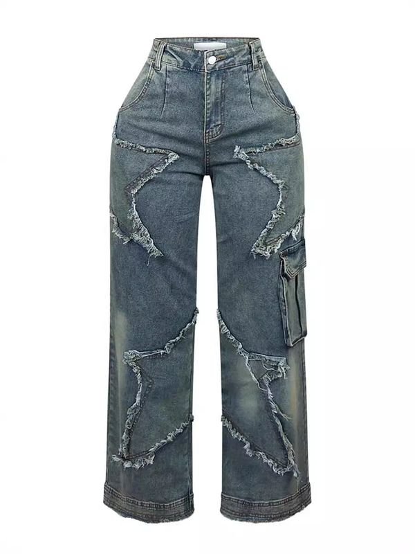 Women Vintage Autumn And Winter Star Tassel Fringe Loose Straight Casual Jeans