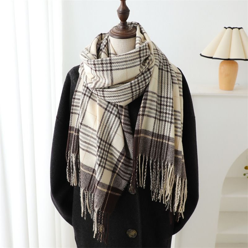 Autumn Winter Women Fashion Plaid Tassel Warm Thickened Scarf