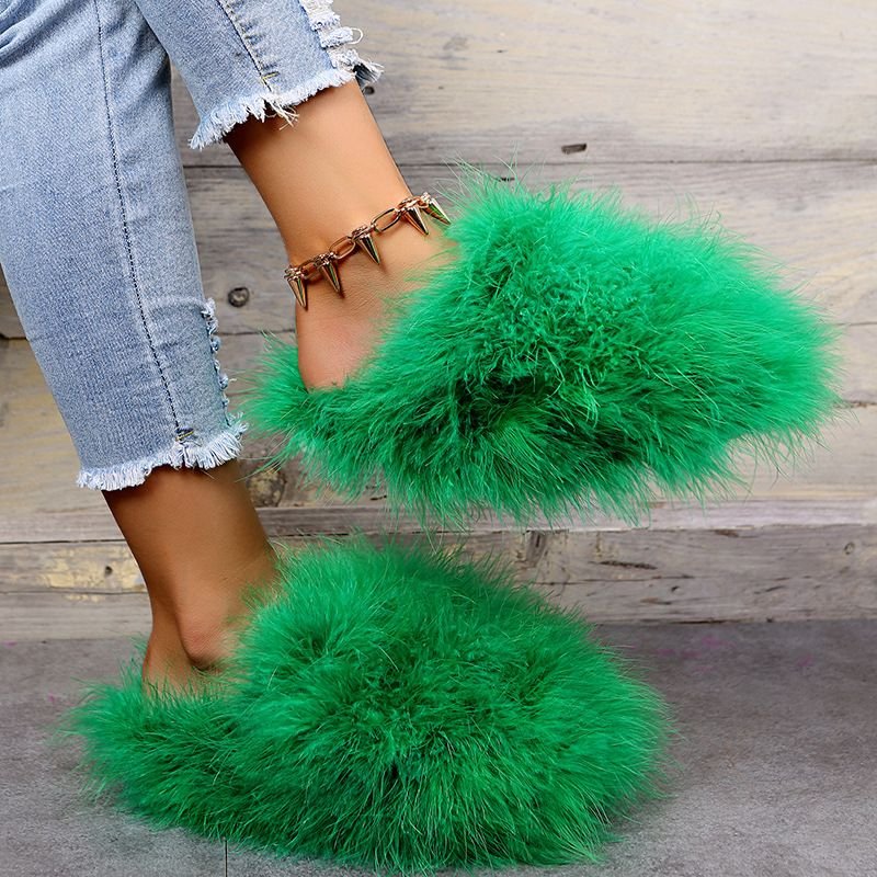 Autumn Winter Women Fashionable Solid Color Plush Flat Large Size Home Slippers