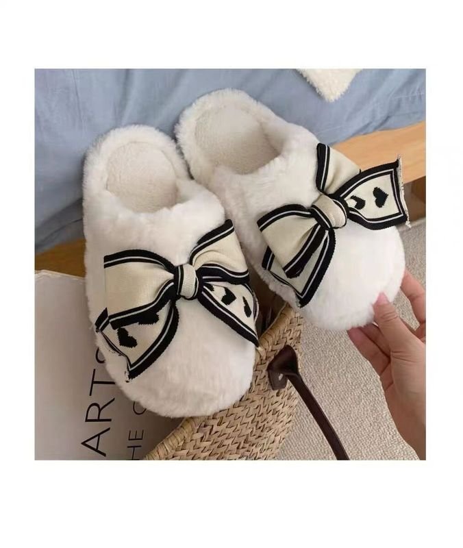 Autumn Winter Women Fashion Plus Size Plush Warm Bow Decorative Home Slippers