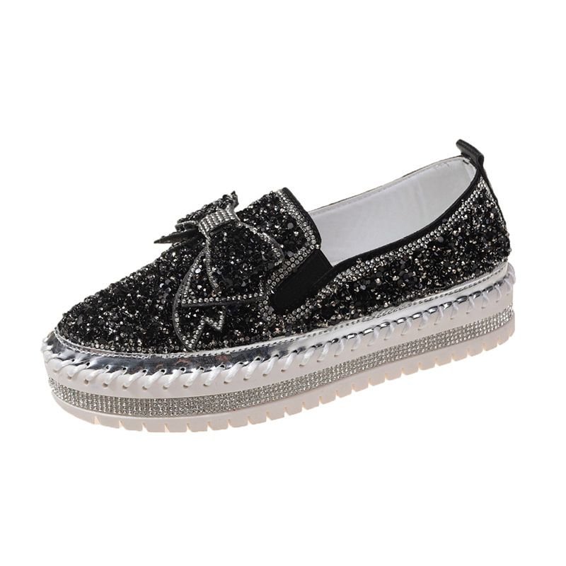 Women Plus Size Fashion Rhinestone Bow Platform Loafers