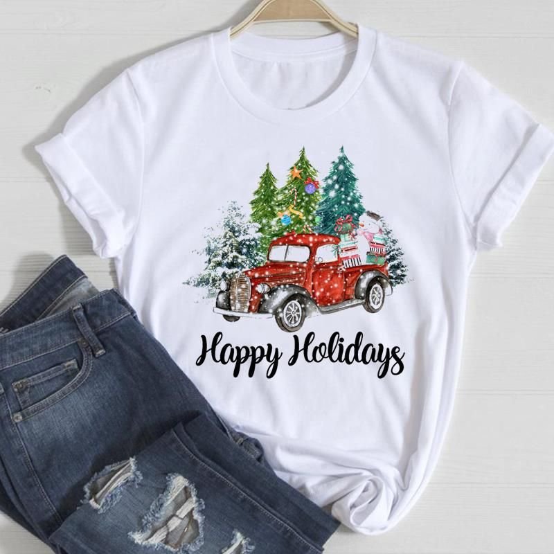 Women Fashion Cartoon Christmas Tree Letter Elk Print Round Neck Short Sleeve T-Shirt