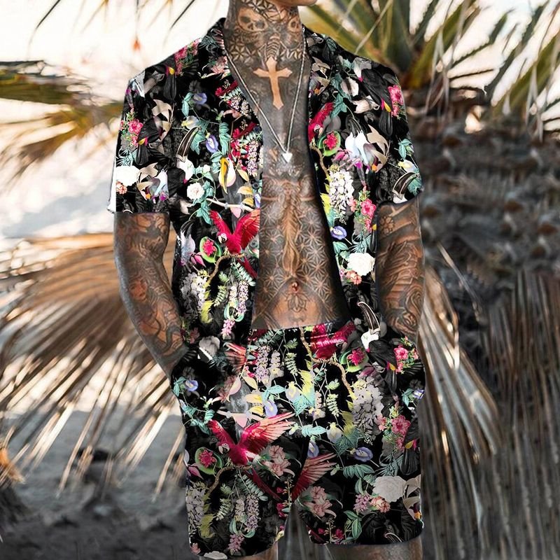 Men Casual Holiday Hawaii Tiny Flower Print Plus Size Short Sleeve Lapel Shirt Shorts Set