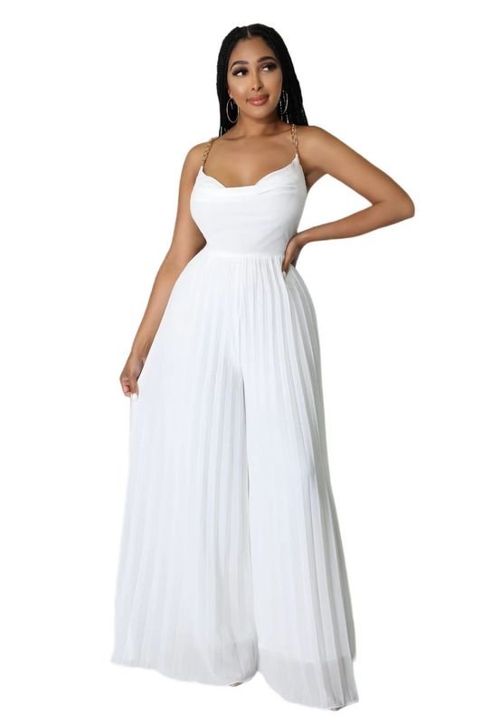 Summer Women Casual Solid Color Chain Strap Backless Pleated Wide Leg Jumpsuits