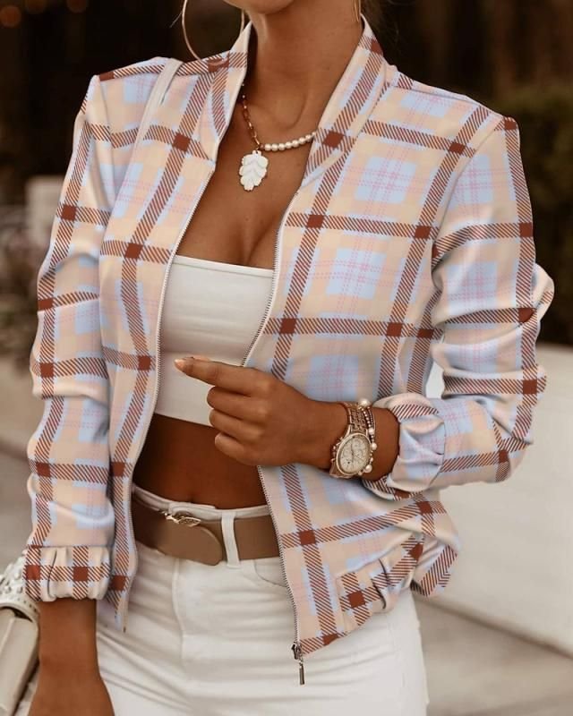 Autumn Women Fashion Geometric Chain Plaid Belongs To The Printing Long Sleeve Zipper Coat