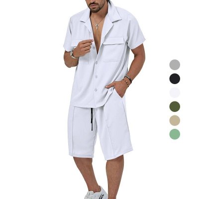 Summer Casual Men Lapel Short Sleeve Shirt Shorts Two-Piece Set