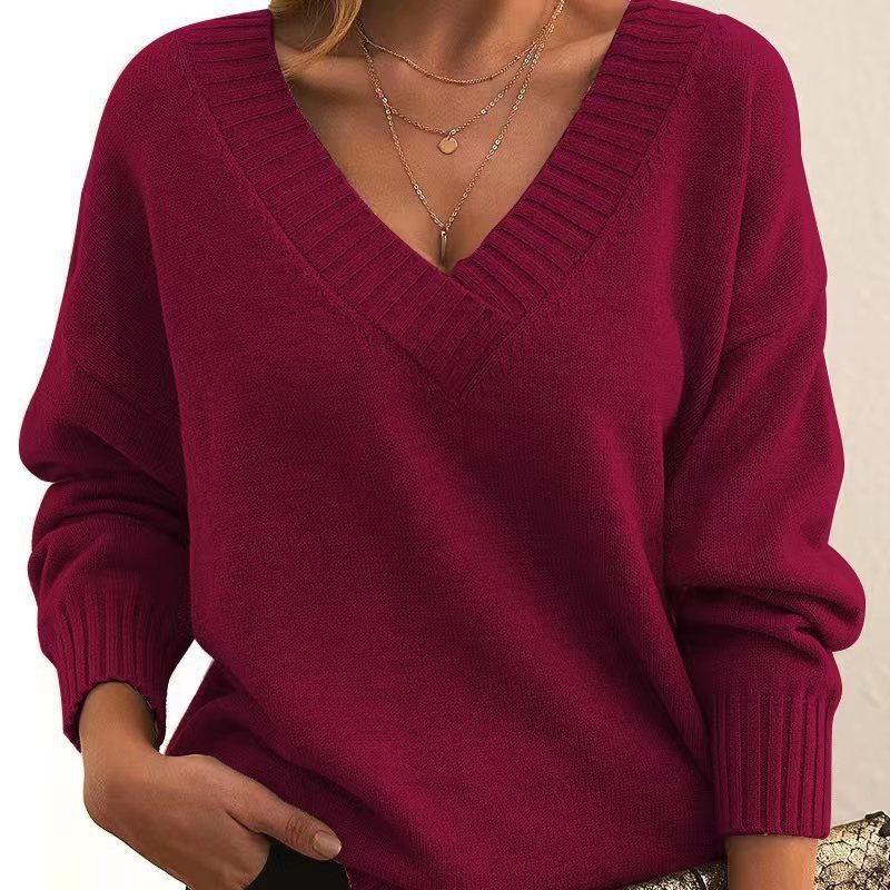 Women Fashion Casual Loose V-Neck Long Sleeve Knitted Sweater