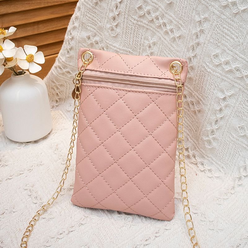 Women Fashion Solid Color Rhombic Zipper Mini Chain Purses