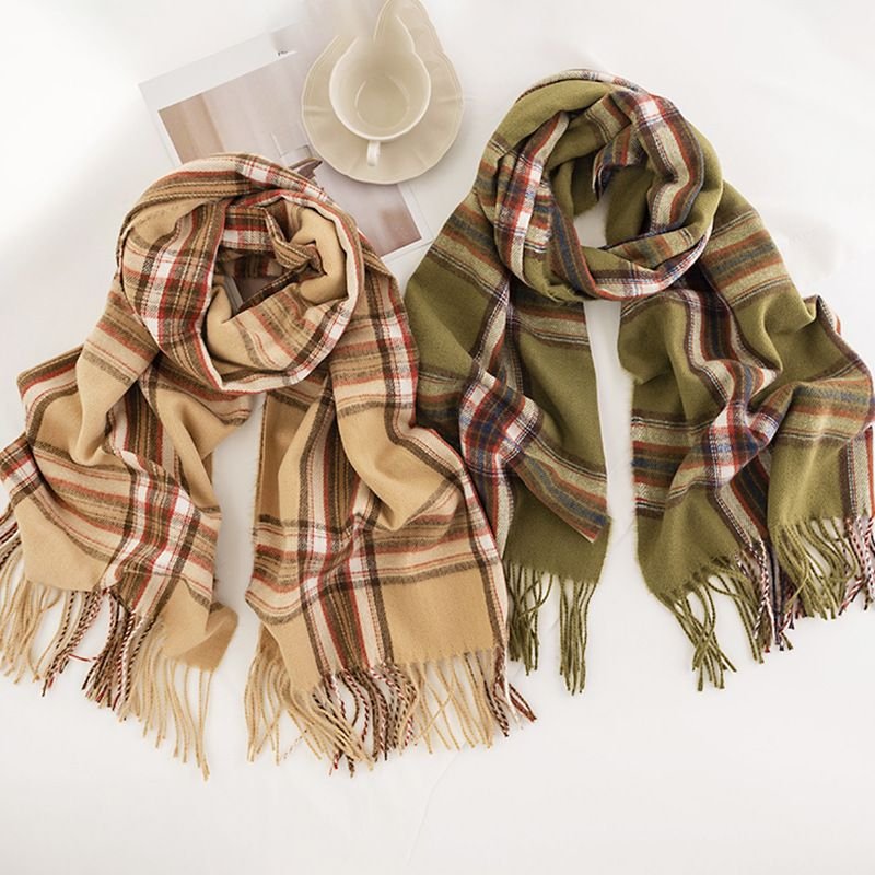 Elegant Women Plaid Tassel Imitation Cashmere Scarf