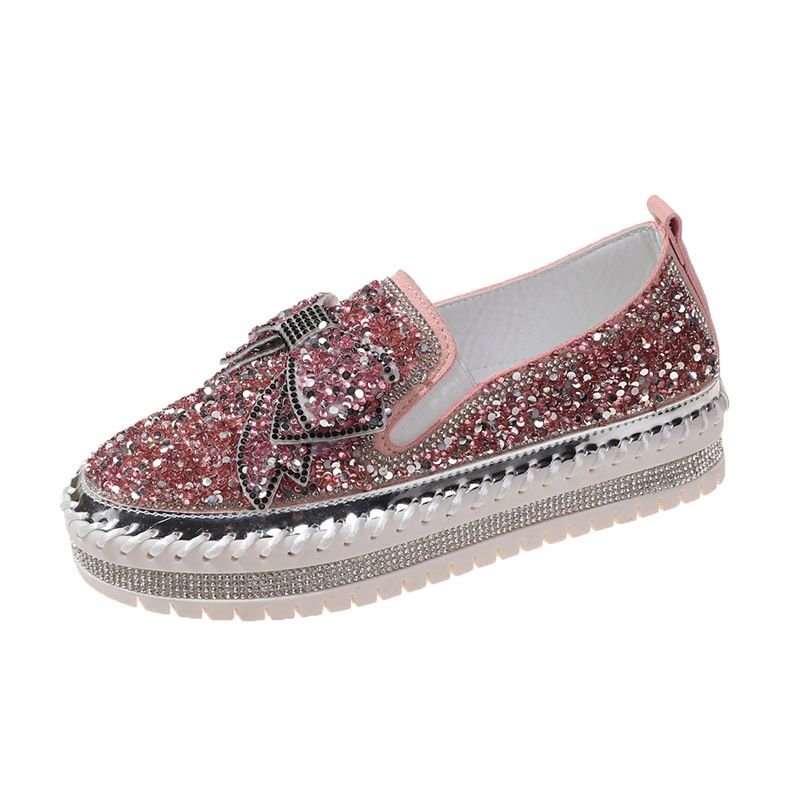 Women Plus Size Fashion Rhinestone Bow Platform Loafers