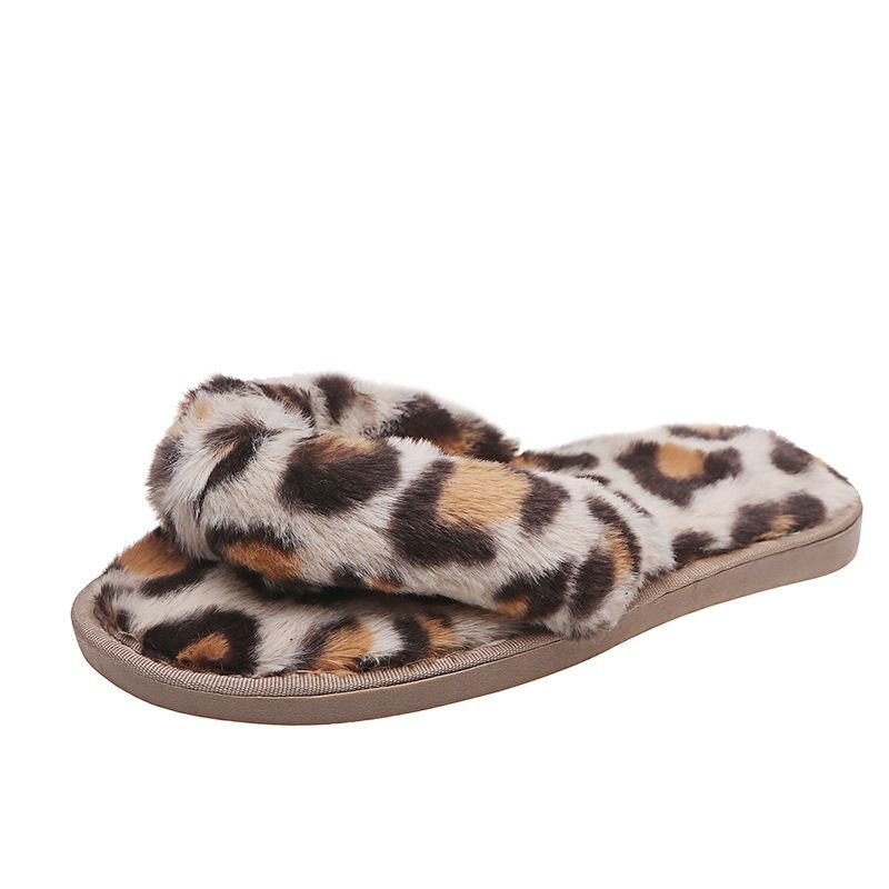 Women Fashion Casual Plus Size Leopard Plush Flat Flip-Flop